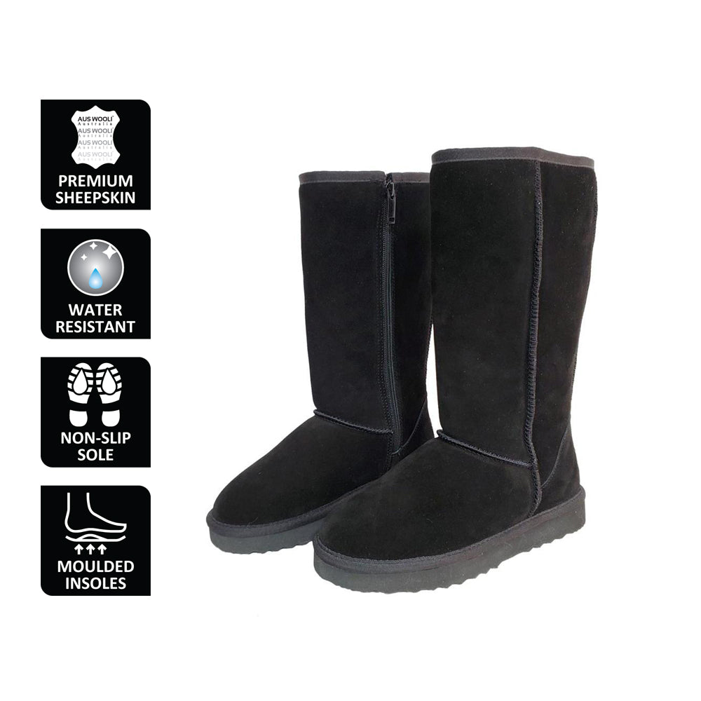 AUS WOOLI UGG TALL ZIP-UP SHEEPSKIN BOOT Black - Main Image